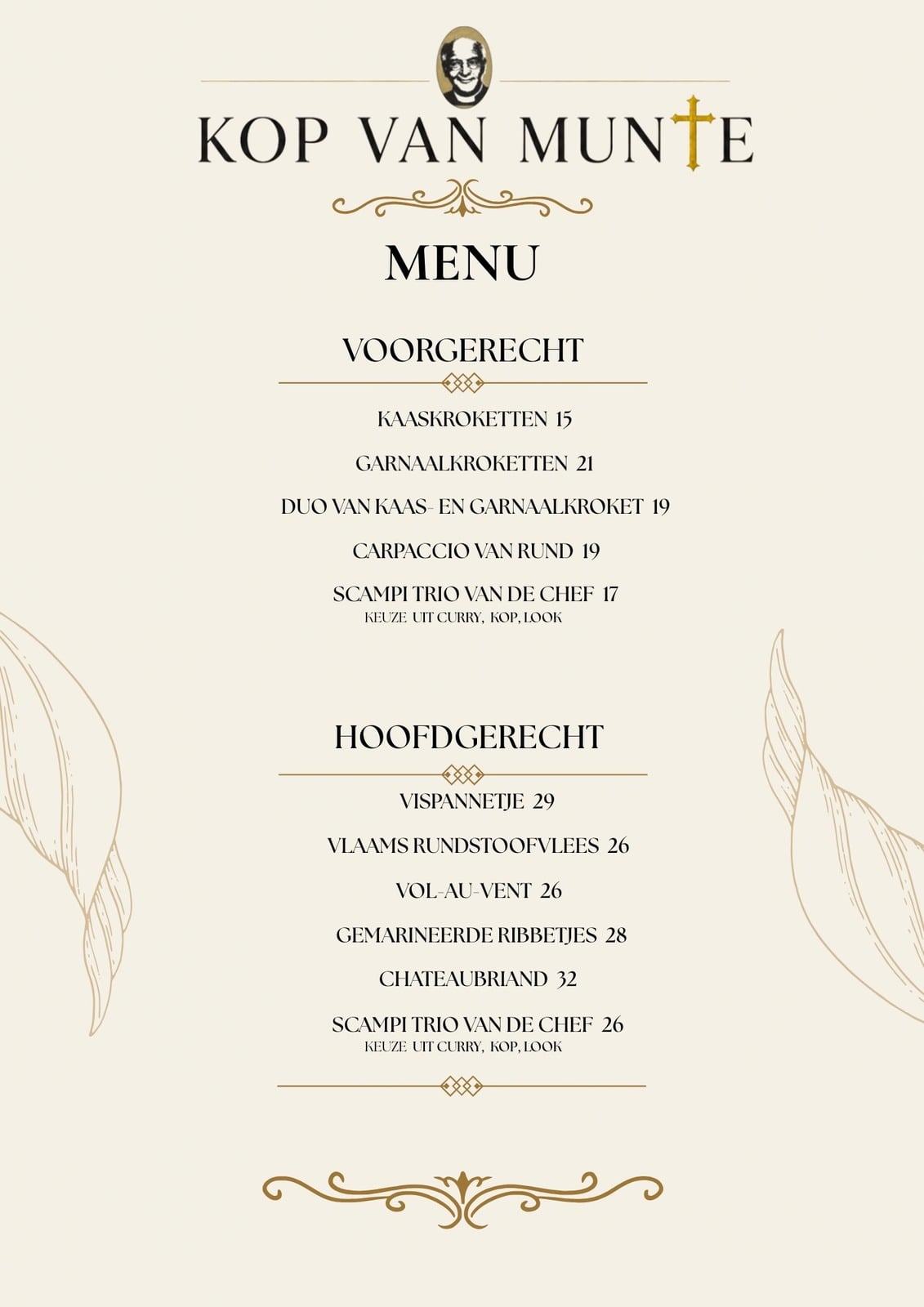 Menukaart voorgerechten en hoofdgerechten van Kop van Munte